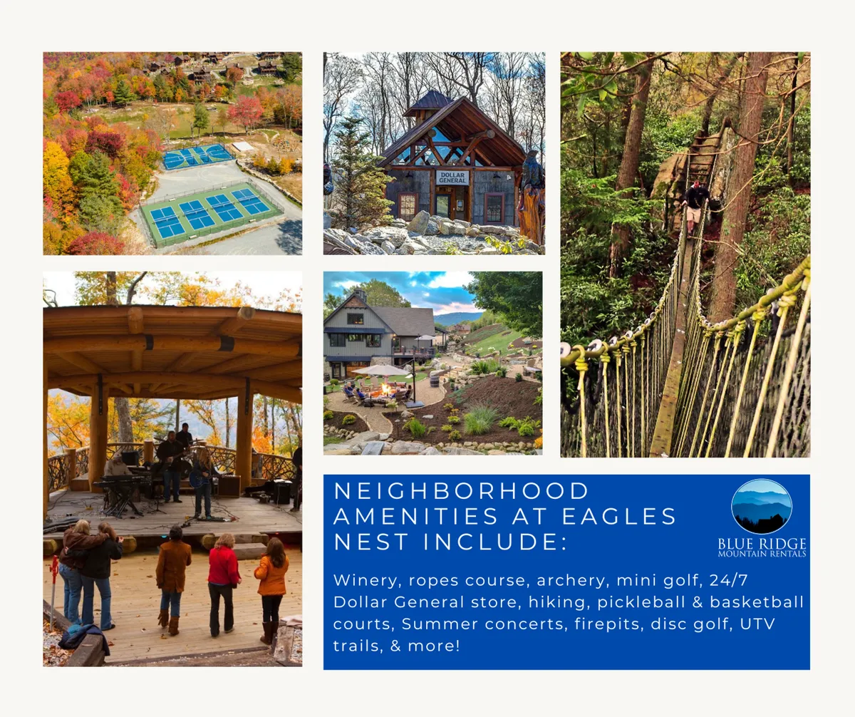 An inviting exterior scene featuring various resort amenities: a ropes course for adventure seekers, an archery range and mini golf course for friendly competition, and a gathering area surrounded by scenic hiking trails. The area is lively and designed for both relaxation and activity, reflecting a community-oriented feel.